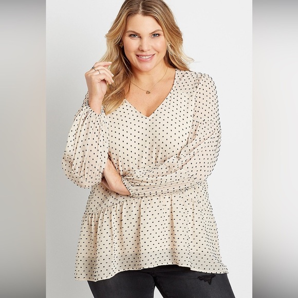 Maurices Beige Swiss Dot Ling Sleeve Blouse - Picture 1 of 6